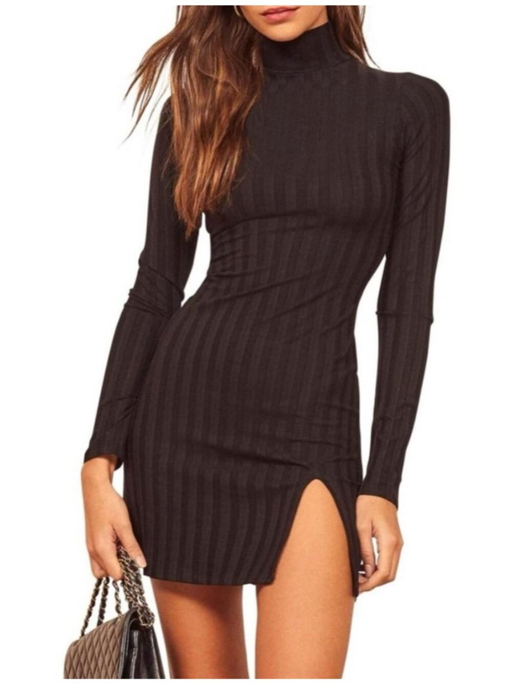 Reformation Libra Knit Dress | Black Ribbed Mock Neck Mini, Size S